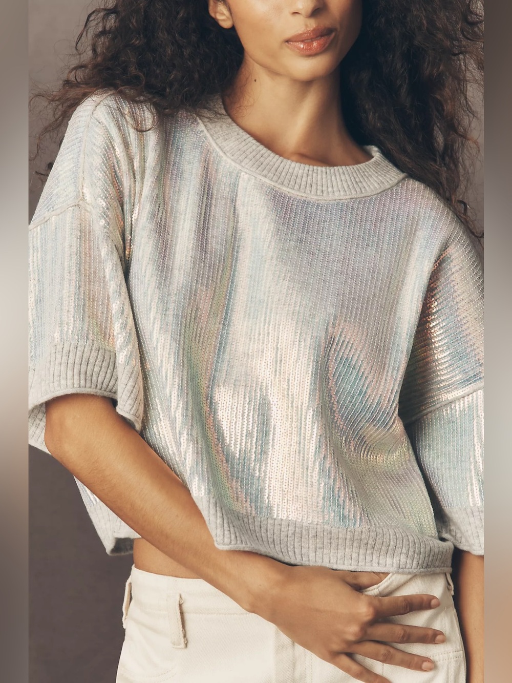 Anthropologie Goldie Silver Crew Neck Wool Cashmere Blend Sequin Jumper Sweater